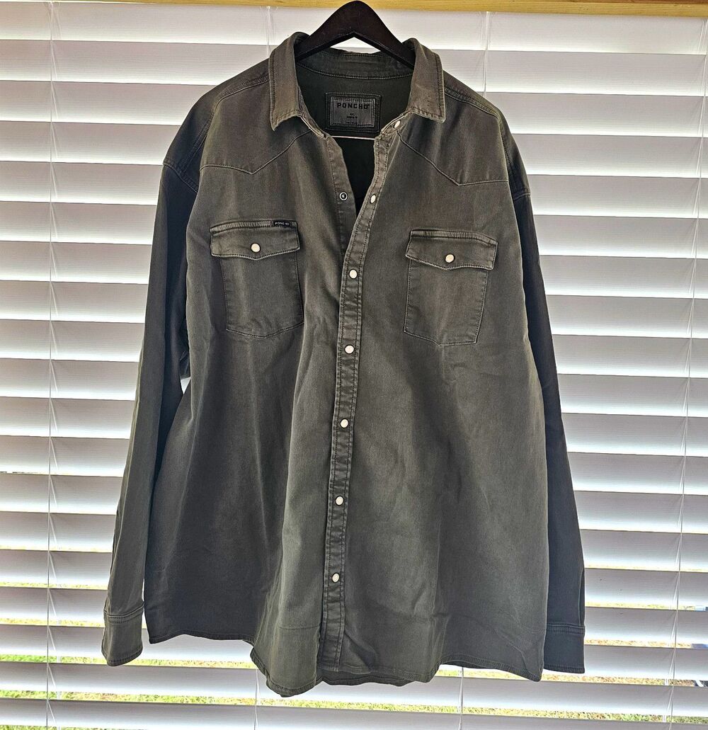 Poncho Men's 2XL Green Solid Cotton Twill Button Up Shirt Pockets Long Sleeve